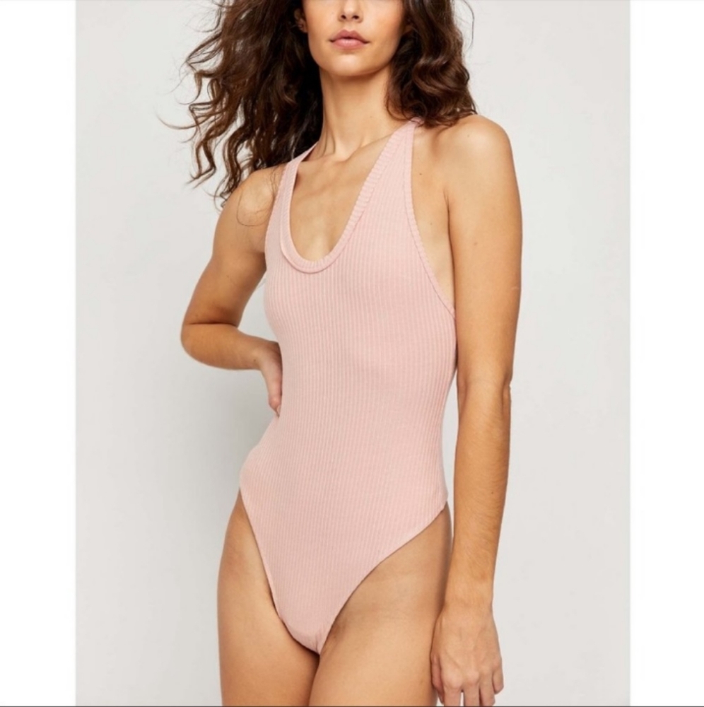 NWT Free People Speed Dial Scoop Neck Sleeveless Ribbed Bodysuit in Bubble Bath